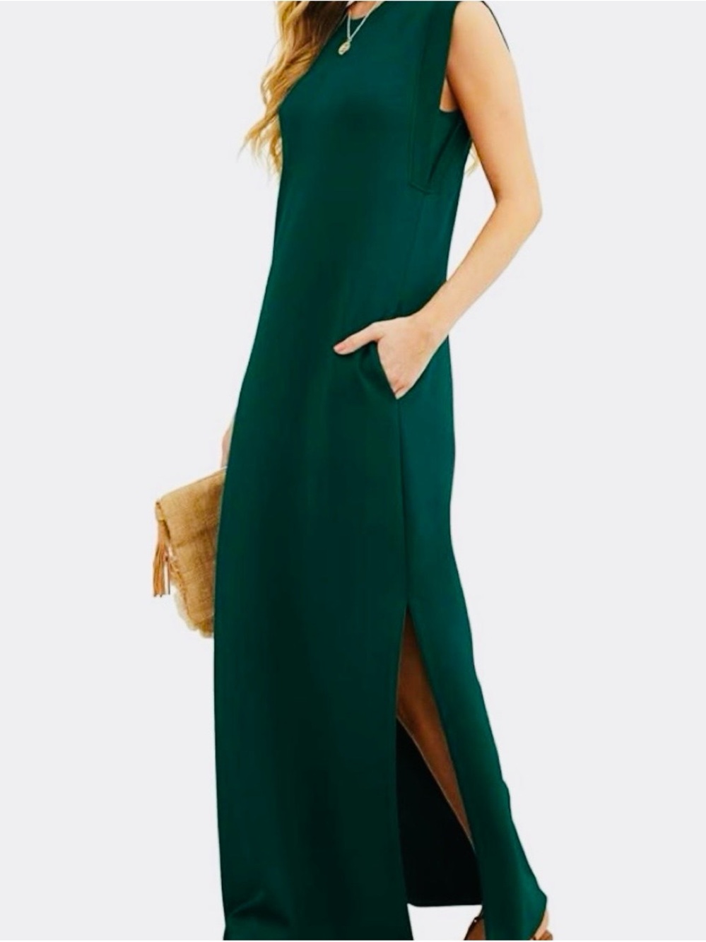 Sleeveless Dark Green Maxi Dress with Side Slit